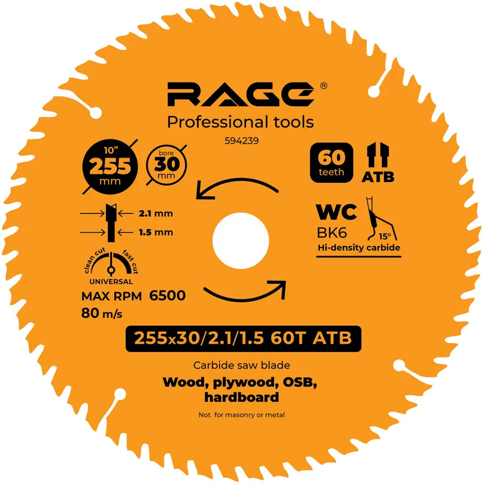 RAGE Универсальный пильный диск для дерева 255 мм с переходными кольцами 88928413