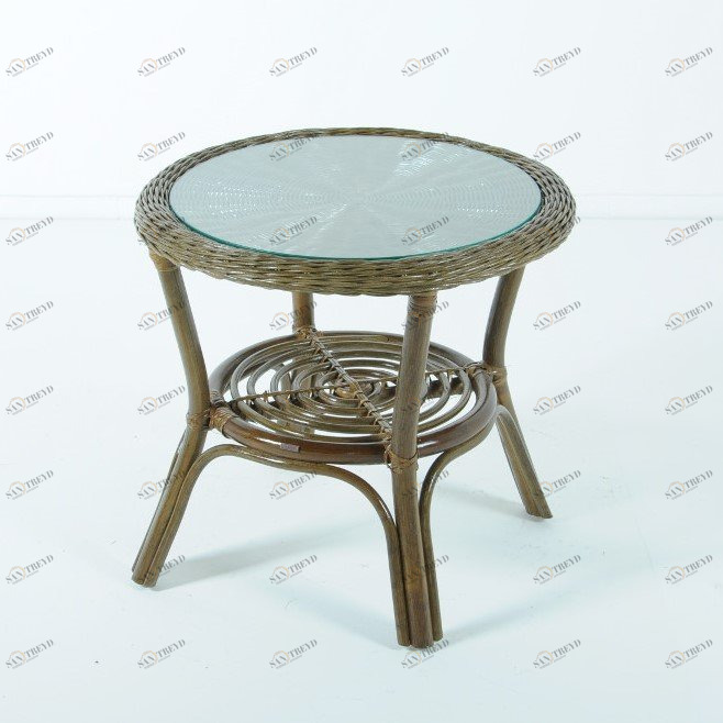 Кофейный столик круглый со стеклянной столешницей 50х54 см олива Calamus Rotan VINOTTI  00-3885204 Зеленый 