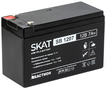SKAT SB 1207 , 12v, 7ah, maximum charge current 2.1 a. terminal type - f1 knife. case size - 66x151x100. weight - 2.1 kg. service life - 6 years. warranty - 18 months. Бастион 
