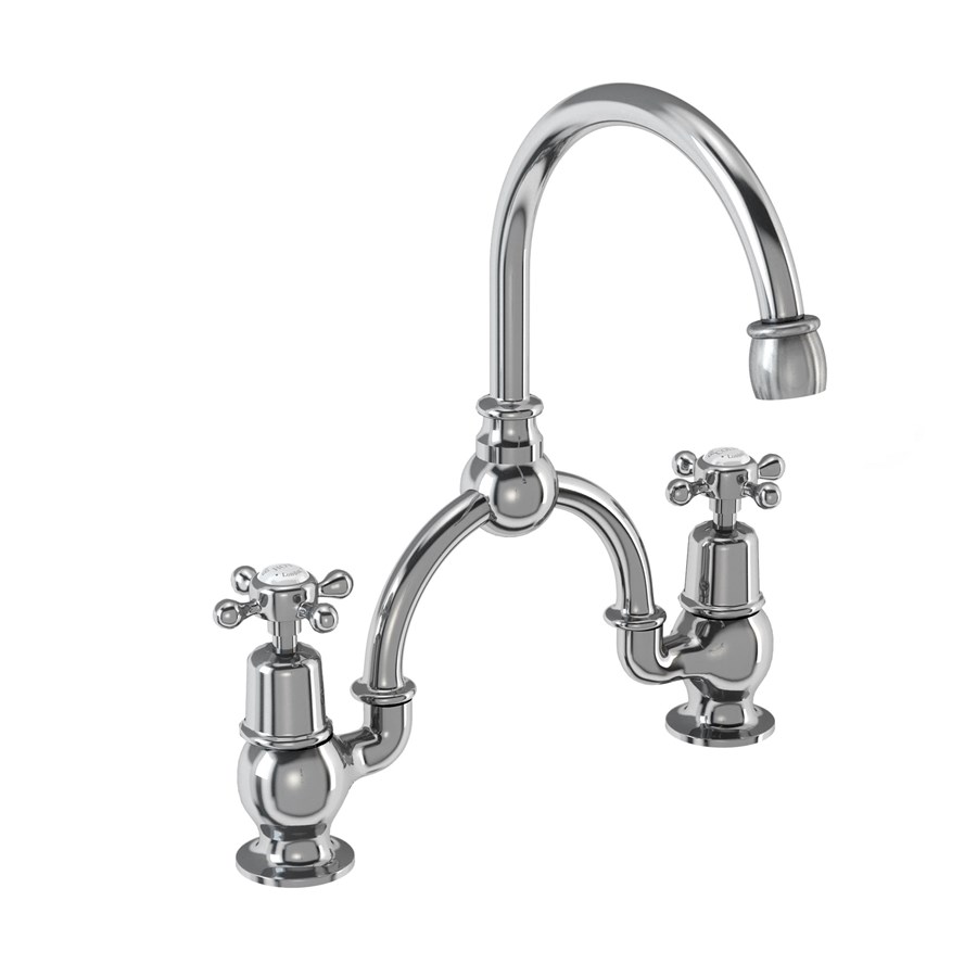 Burlington Арочный смеситель Claremont с 2 отверстиями и изогнутым изливом (центры 230 мм) Полный оборот с акцентом Медичи CL28 MED 