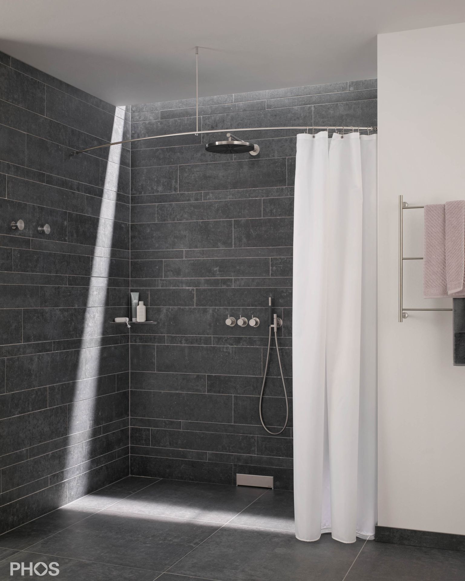 DSGN12-2 Карниз для душевой занавески ø12 мм изогнутый от 100 до 160 см - на заказ PHOS  - Вид №1