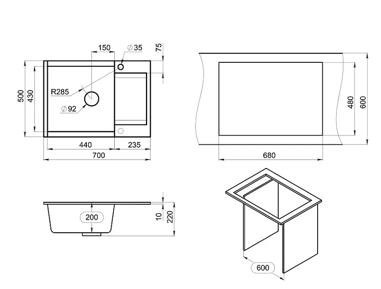 ES-7003, ЧЁРНЫЙ, кухонная мойка, кварц, ESTETICA GRANULA 7003-ST242 - Вид №5