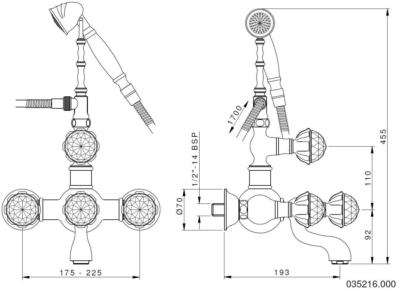 Bronces Mestre Настенный смеситель для ванны на 2 отверстия с ручным душем Artica 035216.000 - Вид №1