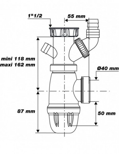 752700 001 00  Сифон для мойки Connectic, со штекером для стиральной машины, регулируемый, из двух материалов, Д. 40 мм, NF, пластик Valentin Белый  - Вид №2