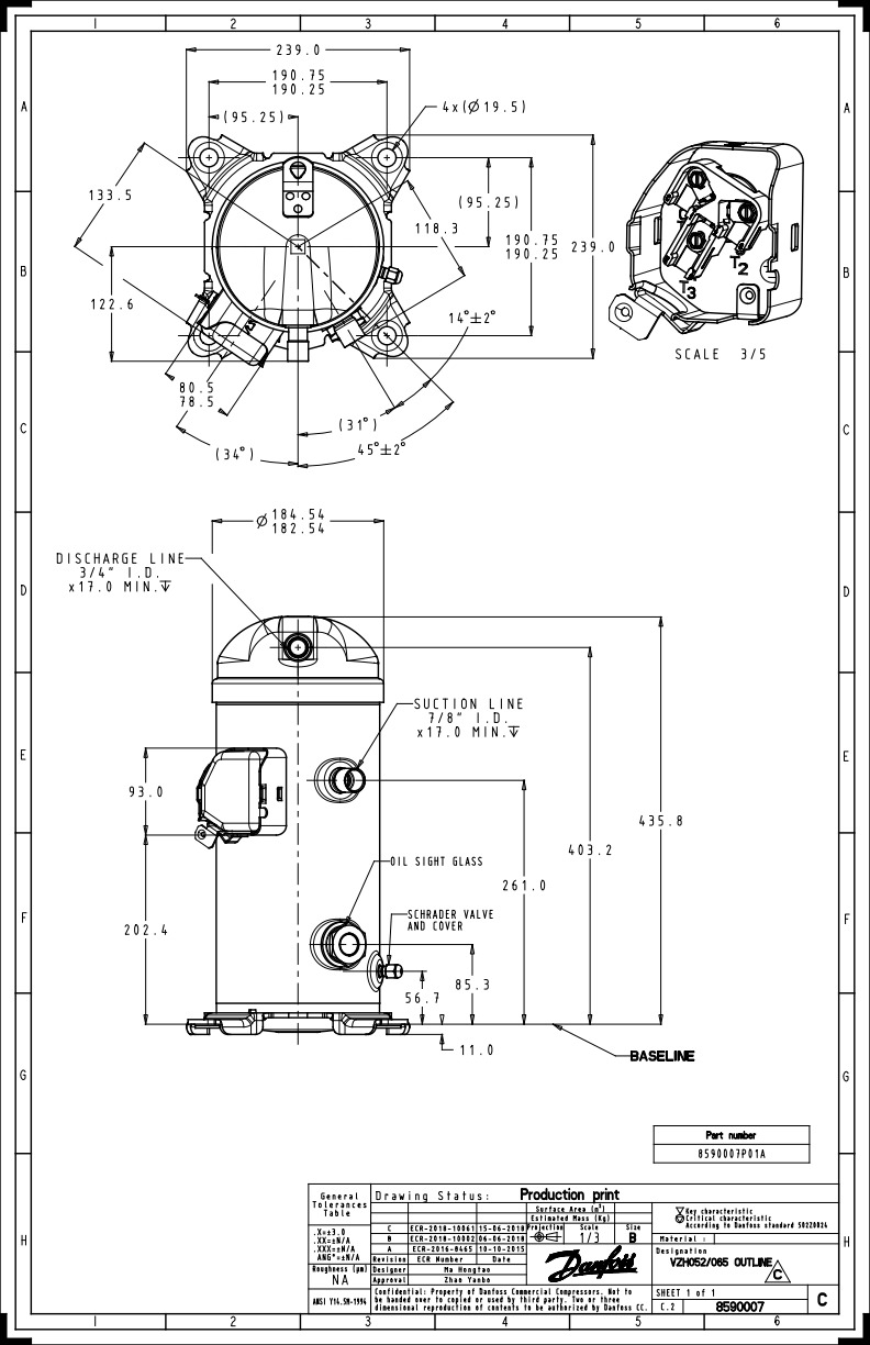 Danfoss VZH — герметичные спиральные компрессоры с частотным регулированием производительности VZH044CGBNB Компрессор спиральный 120G0245  - Вид №9