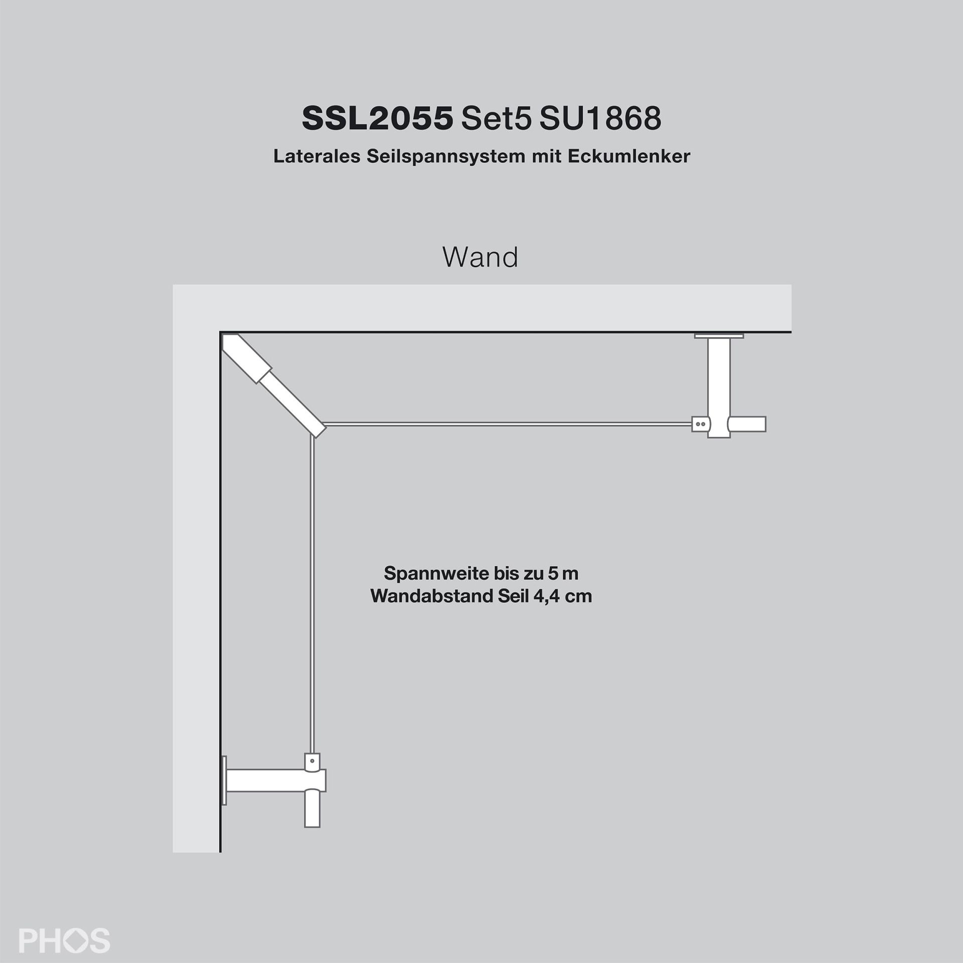 SSL2055Set5SU1868 Боковая система натяжения троса через внутренний угол, пролет до 5 м, расстояние до стены 4,4 см PHOS  - Вид №2