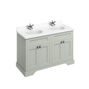 Burlington Отдельностоящий блок 130 с белой столешницей, дверями и 2 встроенными белыми раковинами Темно-оливковый FC9O_BW12