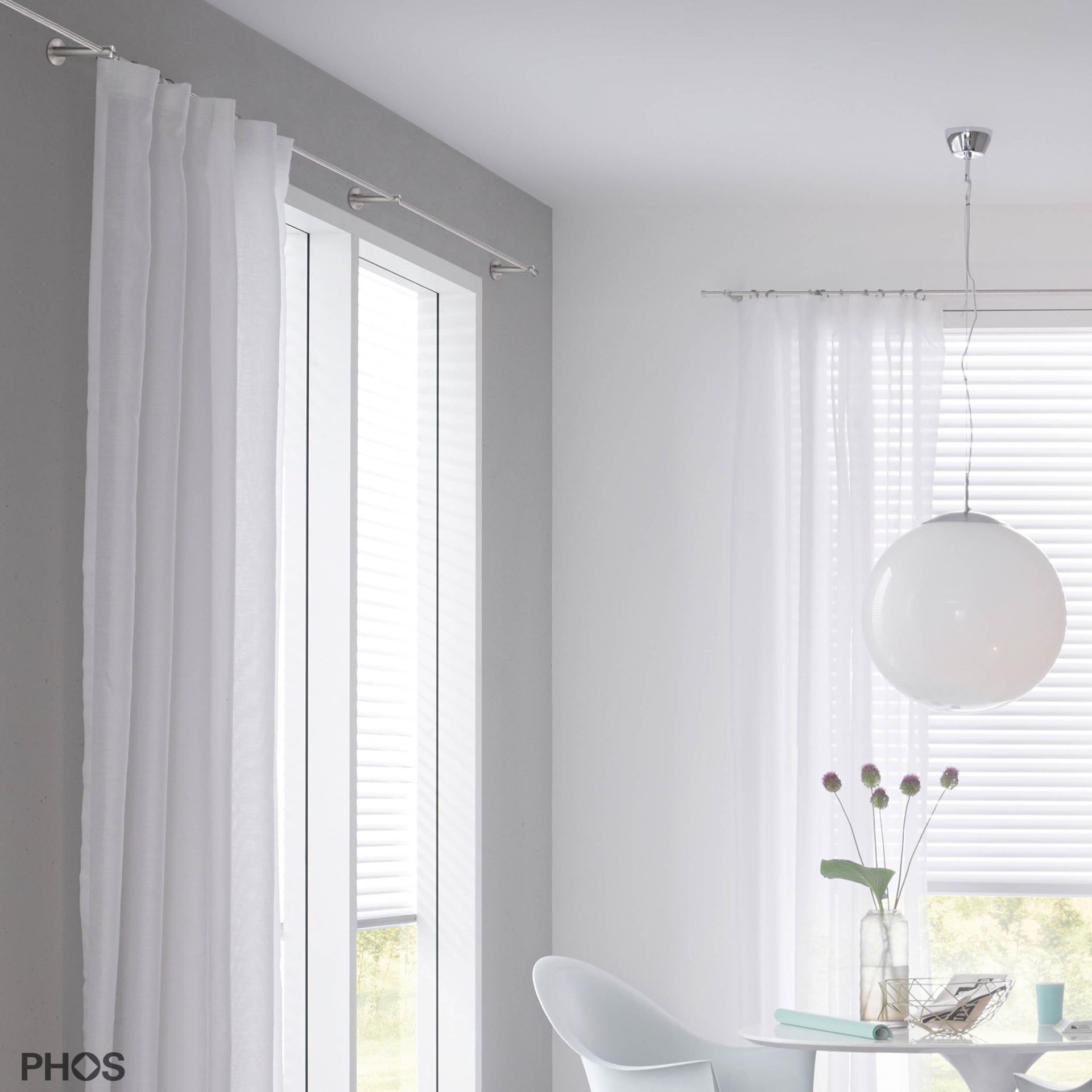 VS20-140-2800 Комплект карнизов: 280 см с 2 держателями и 1 держателем карниза в качестве центральной опоры (большое расстояние от стены) PHOS  - Вид №4