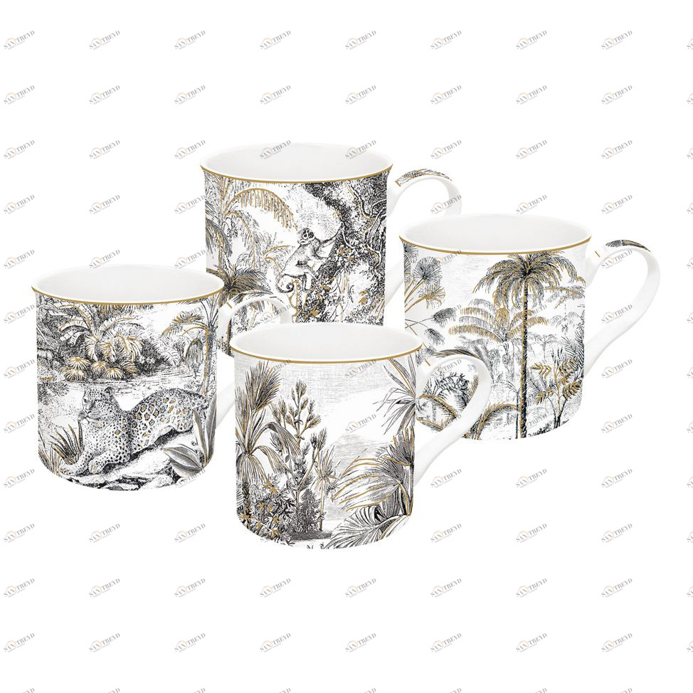 Кружки фарфоровые 4 шт бело-серые "Джунгли" EASY LIFE COFFEEMANIA & ATMOSPHERE 00-3946540 Белый;серый 