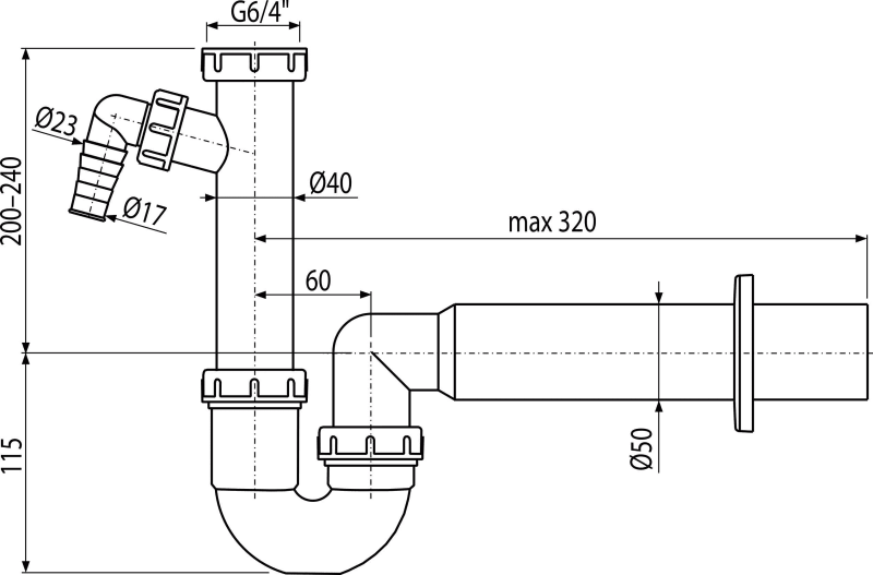Сифон трубчатый с накидной гайкой 6/4" и штуцером ALCAPLAST A81DN50 - Вид №1