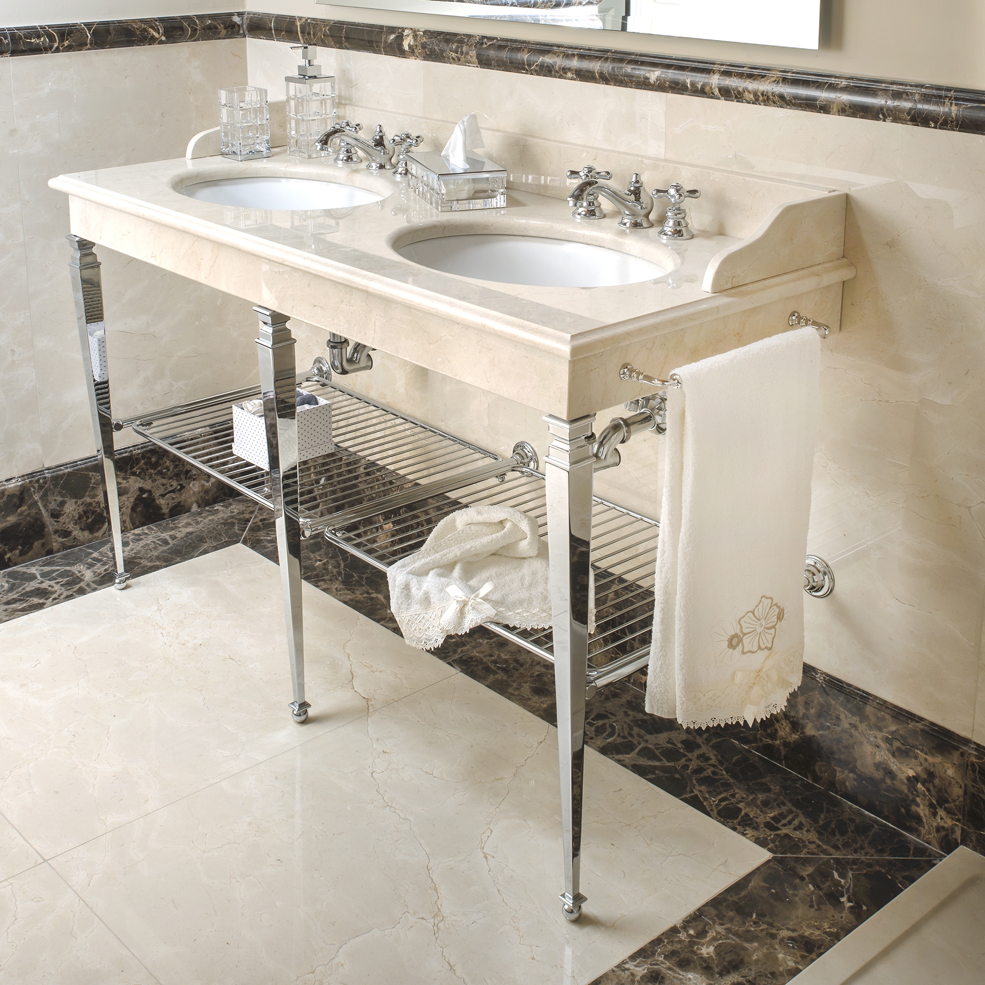 RE-CARRARA-2 3SC Столешница из белого каррарского мрамора с 2 раковинами Classico Treesseci 3SC