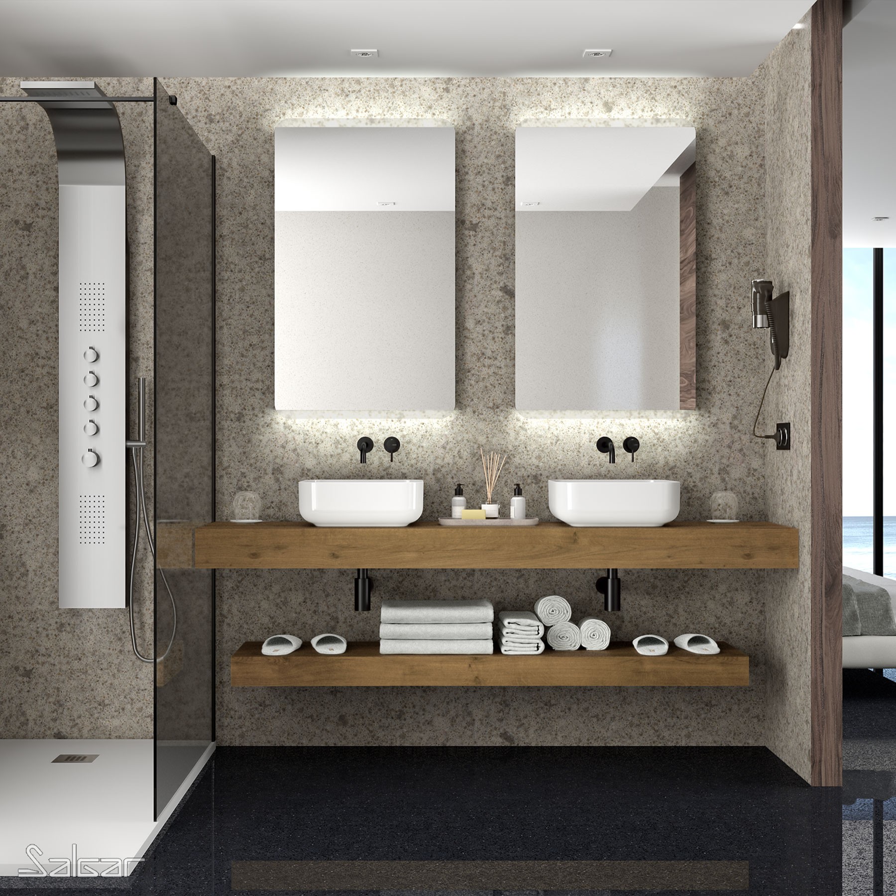 84059 SALGAR Столешница COMPAKT 46 от 1201 до 1400 мм на 2 умывальника HAVANA OAK 