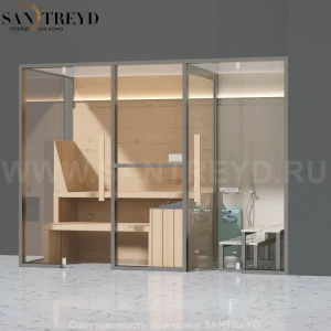 Effegibi MIDFILO LO71010003 Комбинированная баня: хаммам - душ и сауна. Установка: в правый угол. Мощность: 11 кВт макс. Размеры: длина 300 см, ширина 137 см. Отделка: канадский хемлок, матовый лакированный серый аллюминий и бежевый ламинат из керамограни