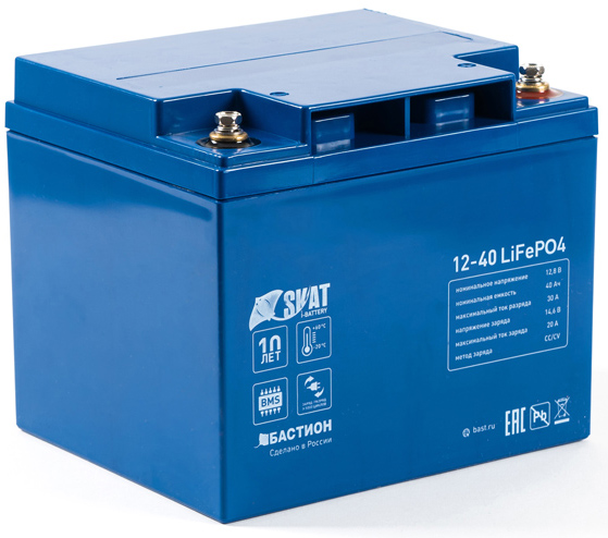 Skat i-Battery 12-40 LiFePO4 rechargeable battery, 12 v, 40 ah li-ion battery, based on lifepo4 cells ifr 32650, structure 4s7p. rated voltage 12.8 v, charge voltage up to 14 v. maximum discharge current up to 30 a; charge current up to 20a. built-in bms Бастион 