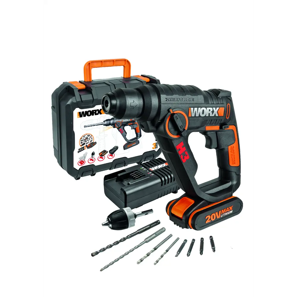 Аккумуляторный перфоратор SDS-plus Worx WX550.1, 20 В Li-Ion 1x1.5 Ач, 1.2 Дж STLM-2162672 - Вид №4