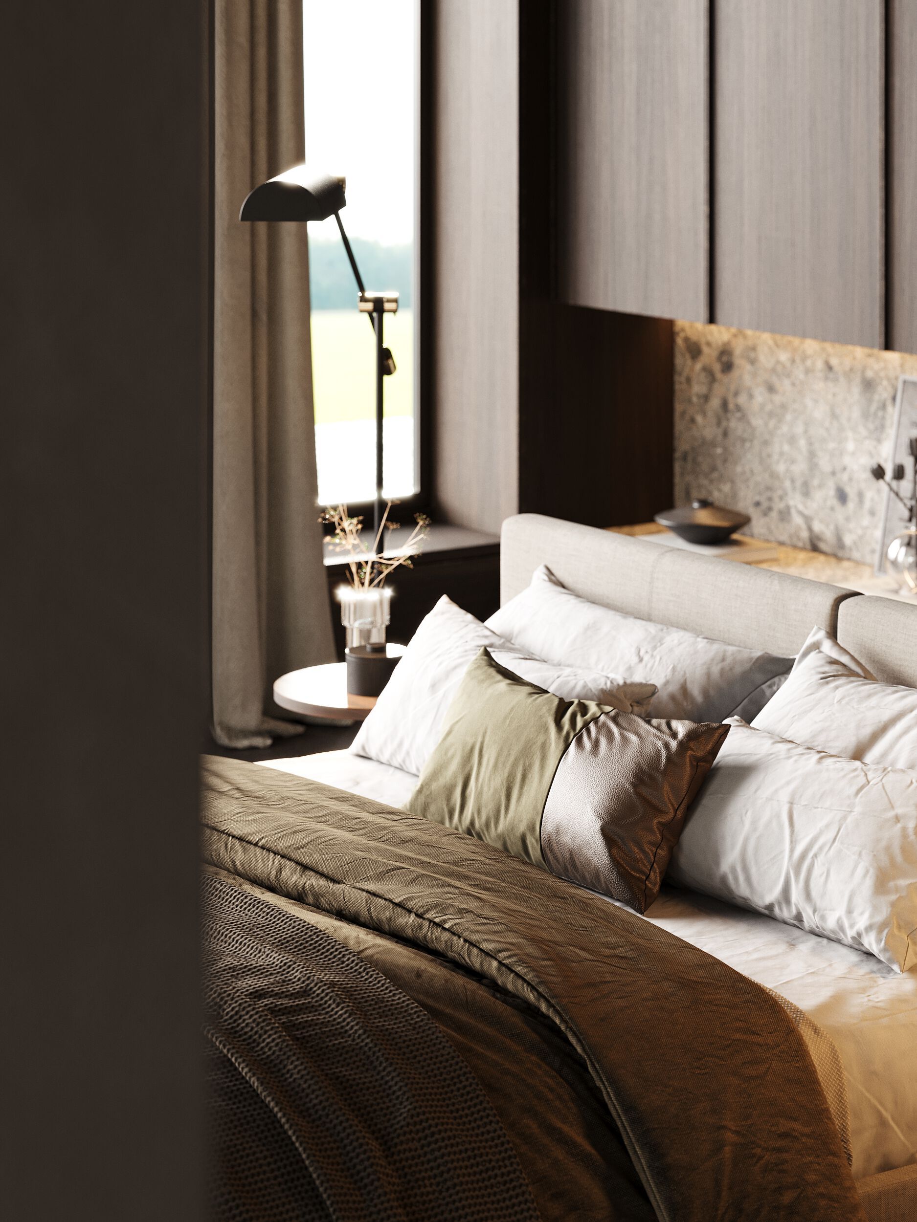 Двуспальная кровать из ткани с мягким изголовьем и встроенными тумбочками Laskasas Origin ARCH-00106710 - Вид №6