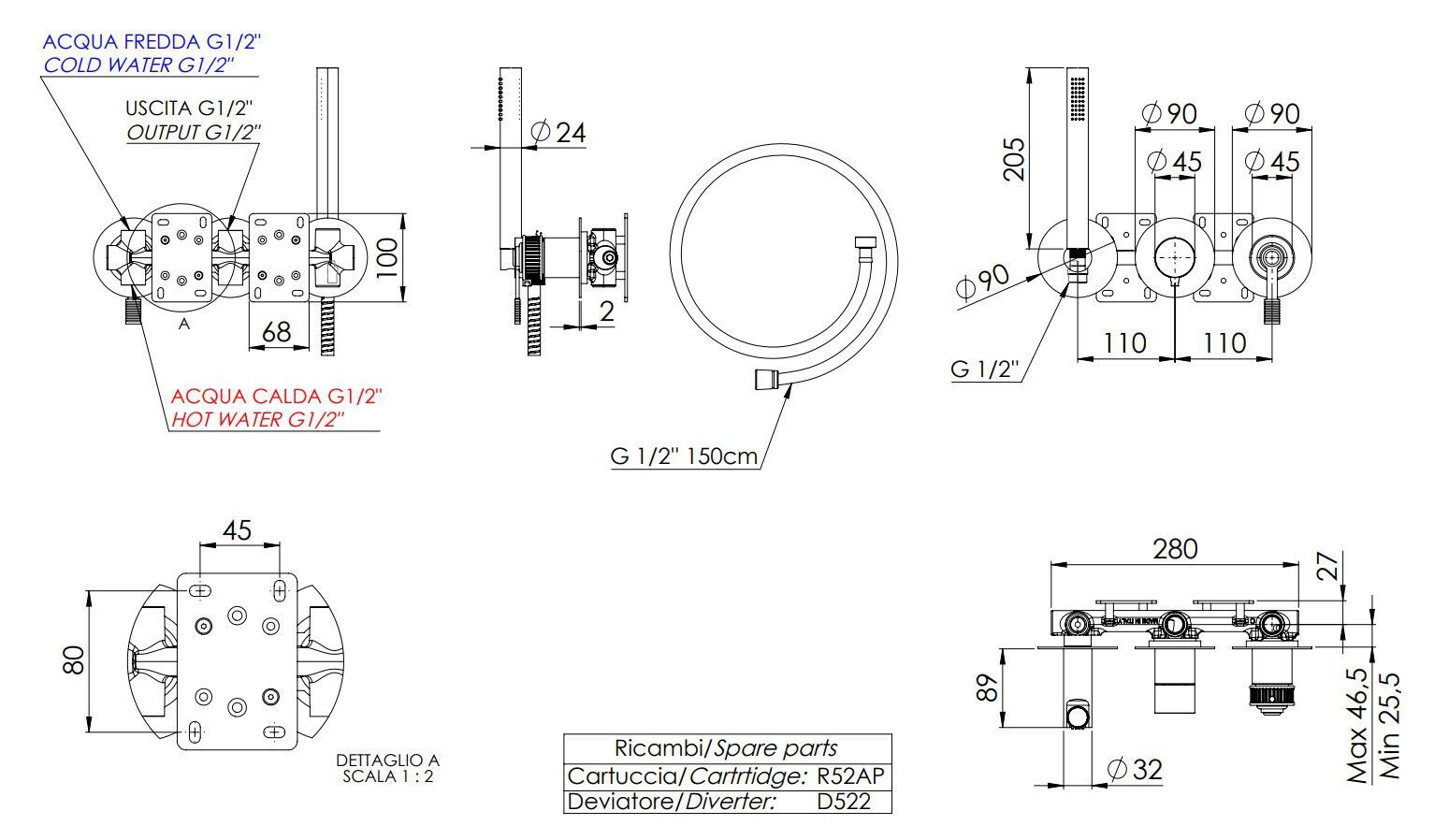 Однорычажный встраиваемый смеситель для ванны с ручным душем Remer Rubinetterie ателье ARCH-00054216 - Вид №1