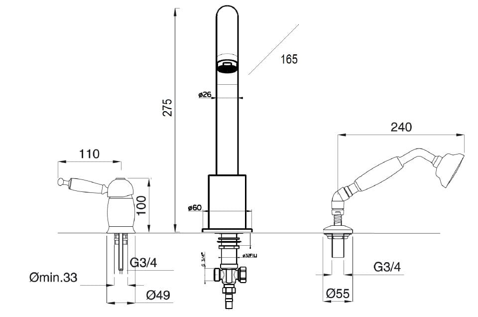 Смеситель для ванны с 3 отверстиями Gaia Mobili Complements ARCH-00031760 - Вид №2