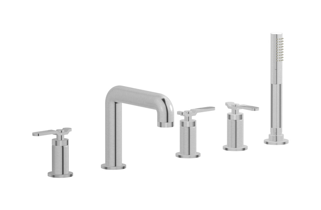 Смеситель на бортик ванной на 5 отверстий с дивертером и душевым гарнитуром. WE ARE IB b2396ss Brushed Nickel Bold