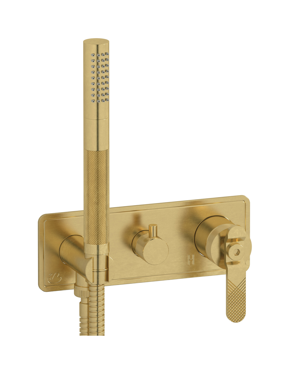 Внешние части встроенного в стену смесителя на 2 потребителя в комплекте с душевым гарнитуром. WE ARE IB b2313on Natural Brass Bold