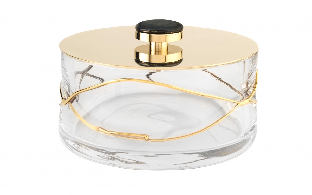 6623/GO Surya Crystal Stream, круглая емкость с крышкой 16х8 см для гигиенич. принадлежностей, цвет золото 