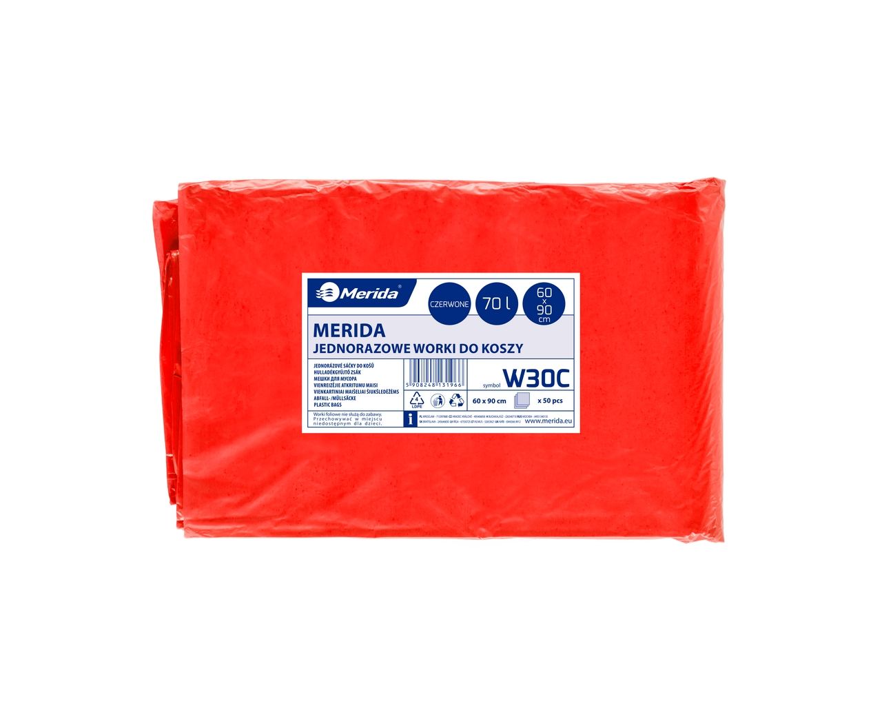 W30C Одноразовые мешки для мусора, 60 x 90 см, вместимость 70 л, 50 шт. в упаковке, КРАСНЫЕ, LDPE Merida 