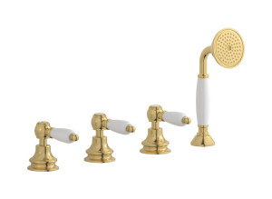 Смеситель на бортик ванной на 4 отверстия с изливом, дивертером и душевым гарнитуром. WE ARE IB hl397os_2 Brushed Gold Hermes