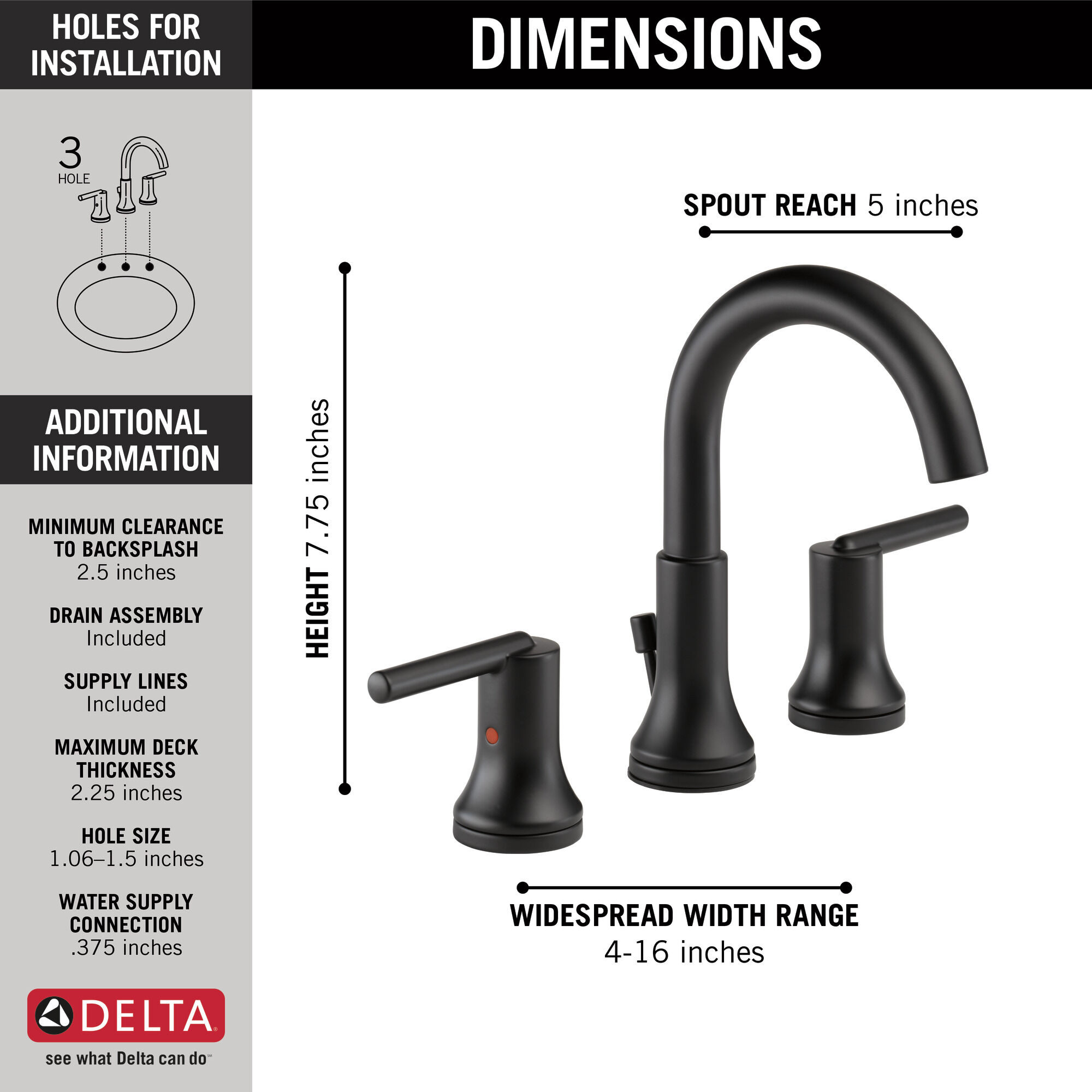 3559-BLMPU-DST Смеситель для ванной комнаты с двумя ручками Delta Faucet Trinsic Матовый черный  - Вид №2