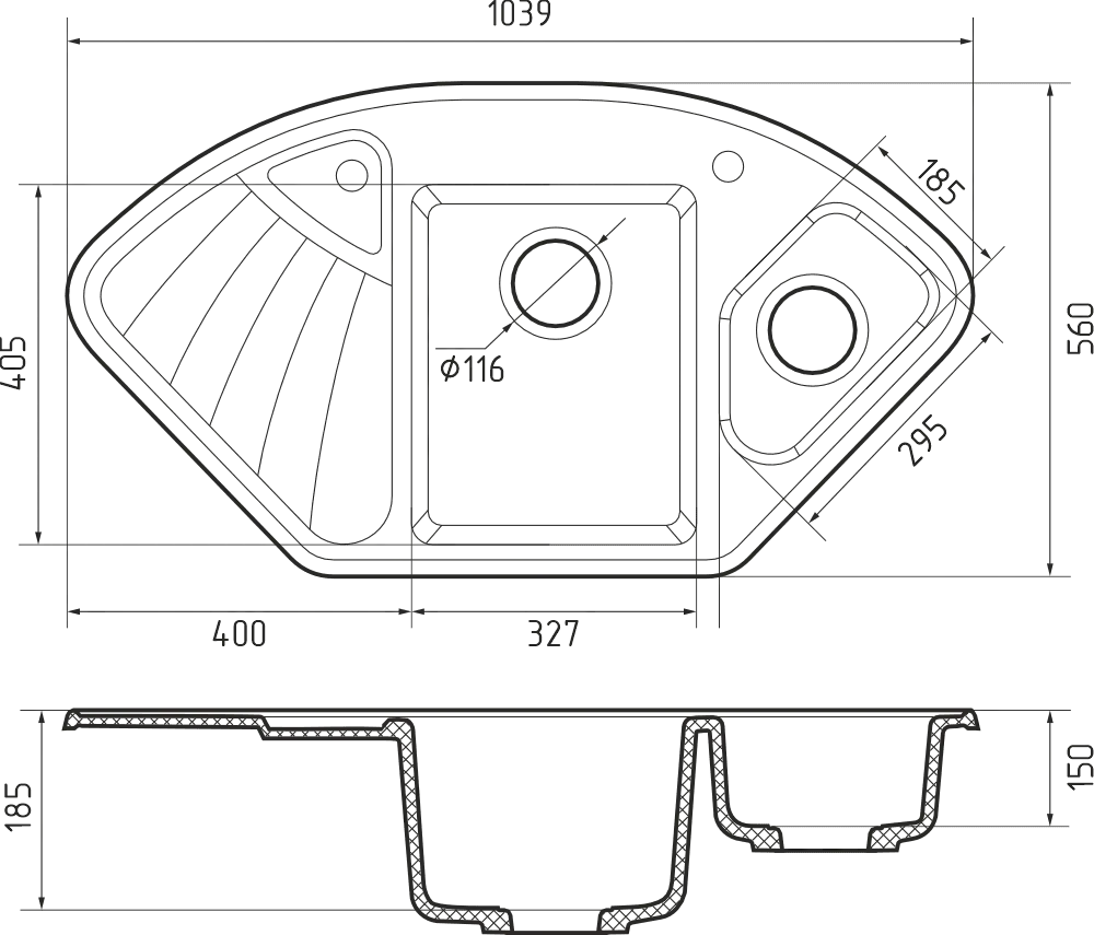 Кухонная мойка Искусственный камень CORNER S02 GranFest C-1040E-S02 - Вид №2