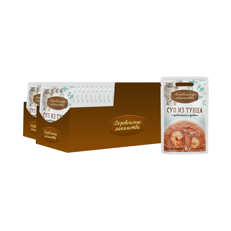 ПР0049745*60 Корм для кошек Суп из тунца с креветками и крабом 35г (упаковка - 60 шт) ДЕРЕВЕНСКИЕ ЛАКОМСТВА 