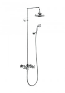 Burlington Eden Термостатический открытый душевой клапан с двойным выпускным отверстием, жесткий стояк, поворотный держатель для душа, трубка и держатель со шлангом с розеткой с белым акцентом и 9-дюймовой розой BEF2S-V17