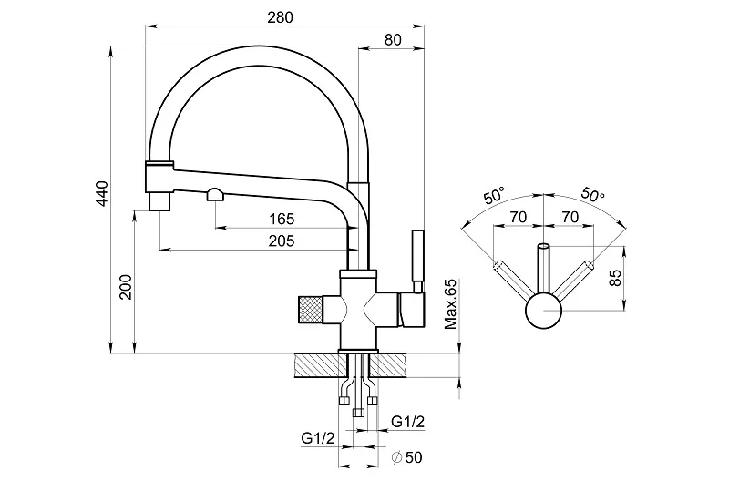 0075, ГРАФИТ (ЧЁРНО-СЕРЫЙ), СМЕСИТЕЛЬ КУХОННЫЙ GRANULA 75-ST64 - Вид №2