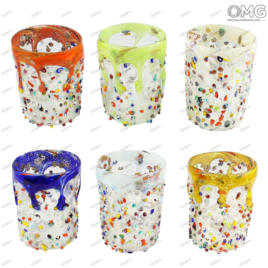 923 ORIGINALMURANOGLASS Набор из 6 стаканов - Arlecchino Goto con Murrine e Argento - муранское стекло OMG 8 см 