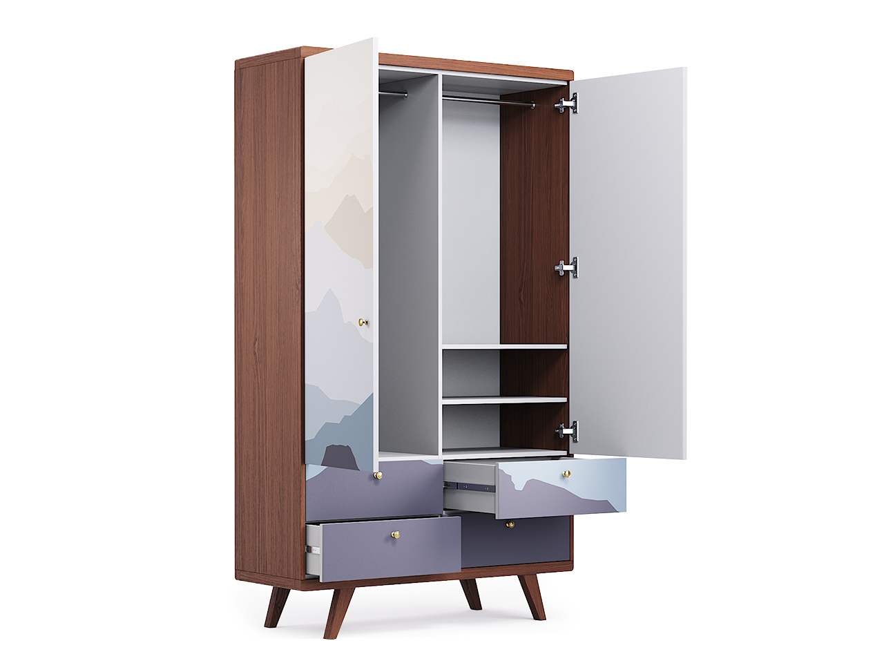 Шкаф распашной двухдверный с ящиками дуб Тобакко с принтом Thimon №2 THE IDEA  210441 Белый;голубой;разноцветный  - Вид №2