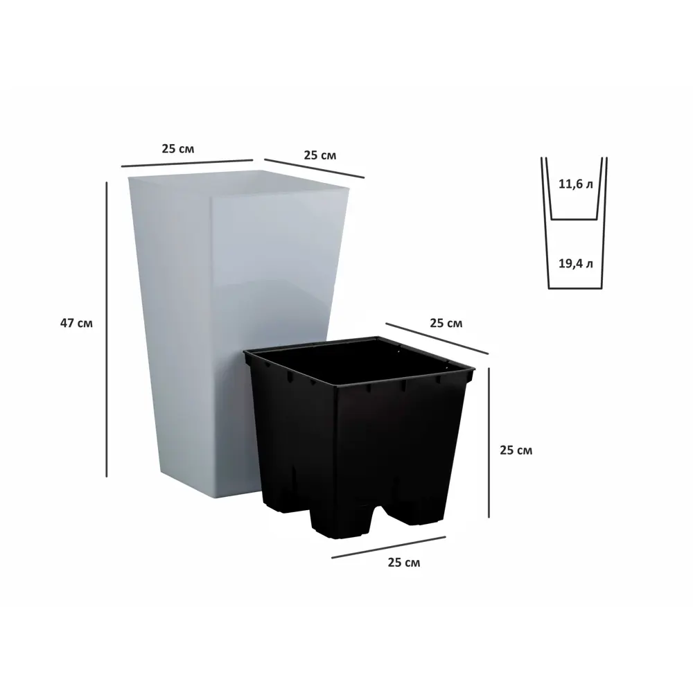 Горшок цветочный INGREEN Cube ø25 см 19.4 л пластик серый 89411078 STLM-1576970 - Вид №4
