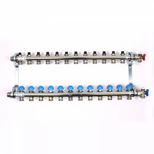 Коллекторная группа из нержавеющей стали с регулир. и термостатическими вентилями и расходомерами REHAU 1"x3/4"ЕК 12 выходов