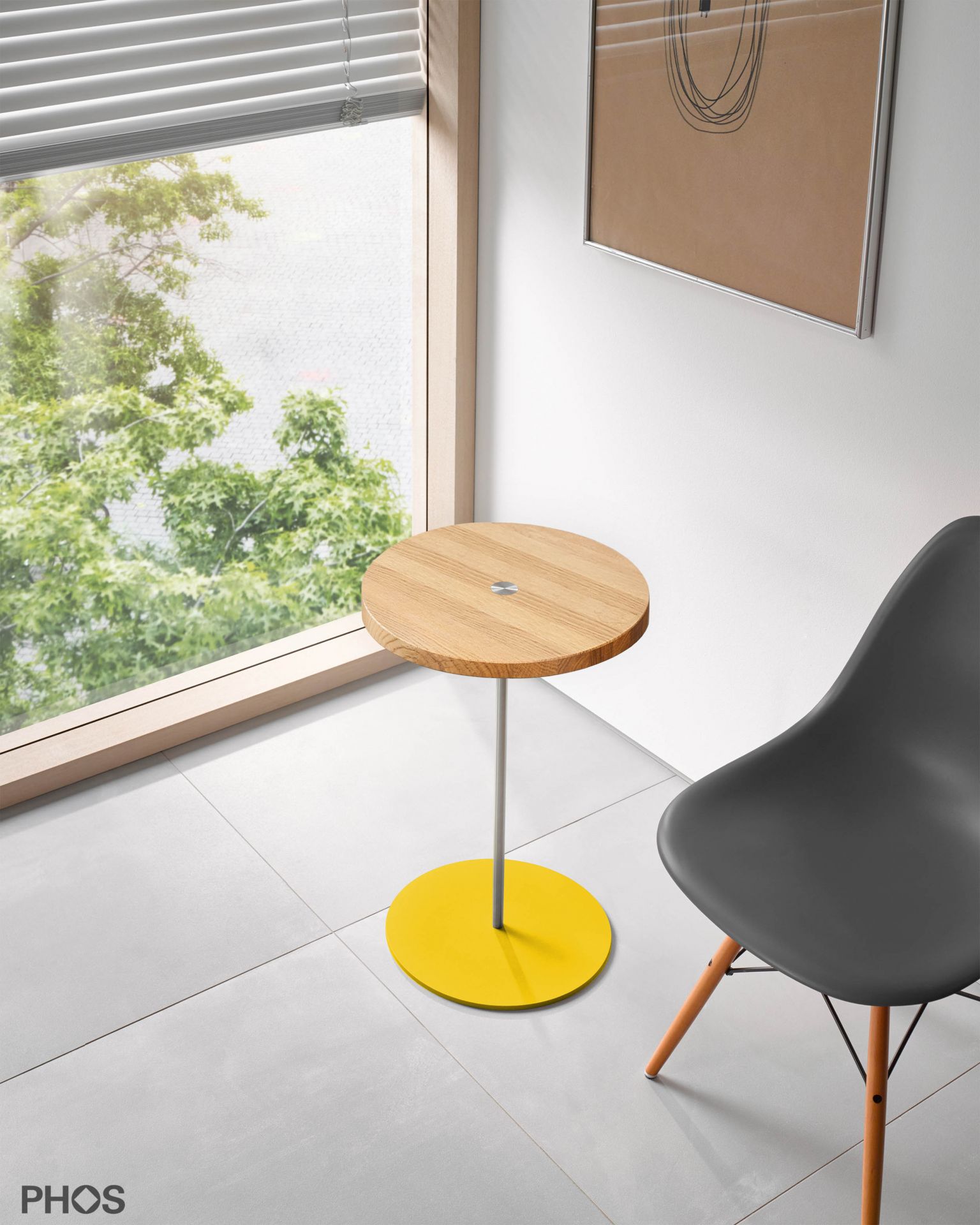 BT600-Eiche-BPGe Приставной столик, высота 60 см, столешница из дуба, основание желтое PHOS  - Вид №1