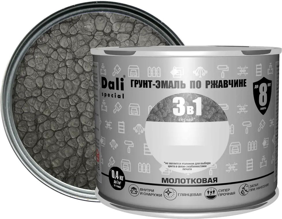 Грунт-эмаль Dali 3 в 1 молотковая серый 0,4 кг 83372506
