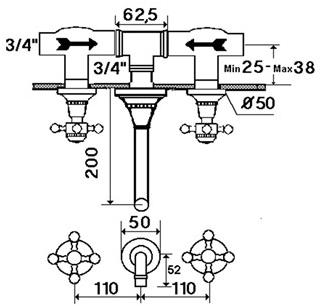 rvb Смеситель для умывальника настенный на 3 отверстия 1920-1921 1921.--.50 - Вид №1