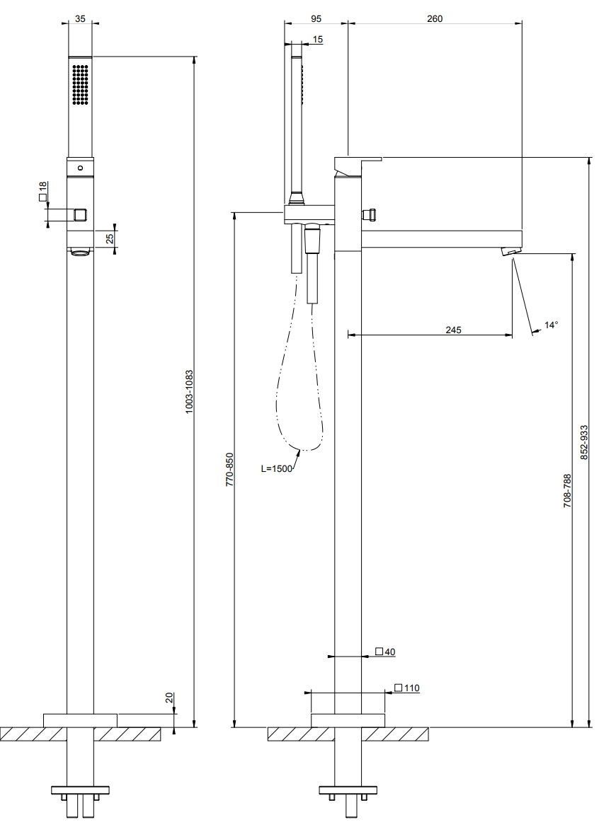 Смеситель для ванны из хромированной латуни с ручным душем Gessi прямоугольник ARCH-00087256 - Вид №2