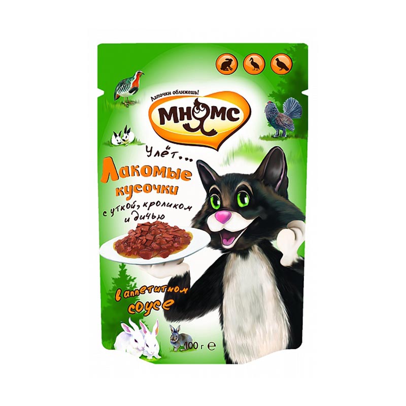 ПР0056557 Корм для кошек Пир охотника, утка, кролик, дичь пауч 85г МНЯМС 