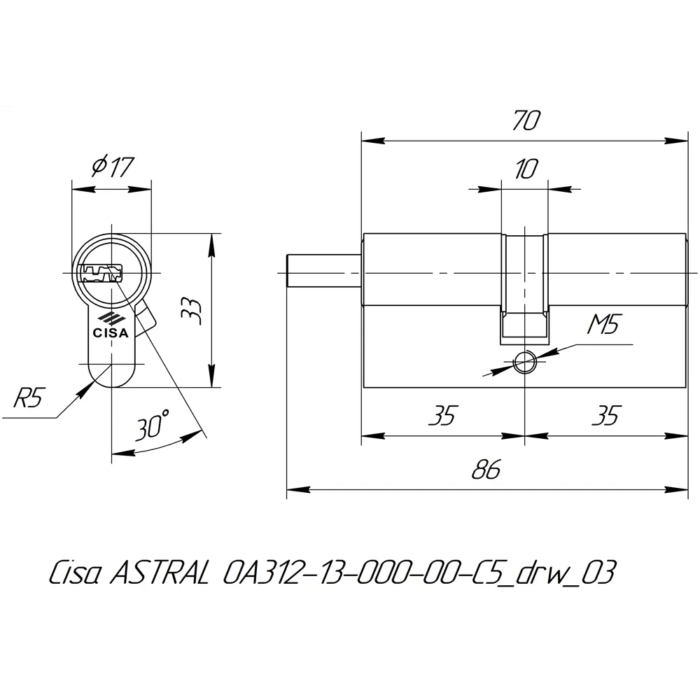 Цилиндр Cisa Astral ОА312-13.00, 35x35 мм, ключ/шток, цвет латунь, без вертушки STLM-2179116 - Вид №4