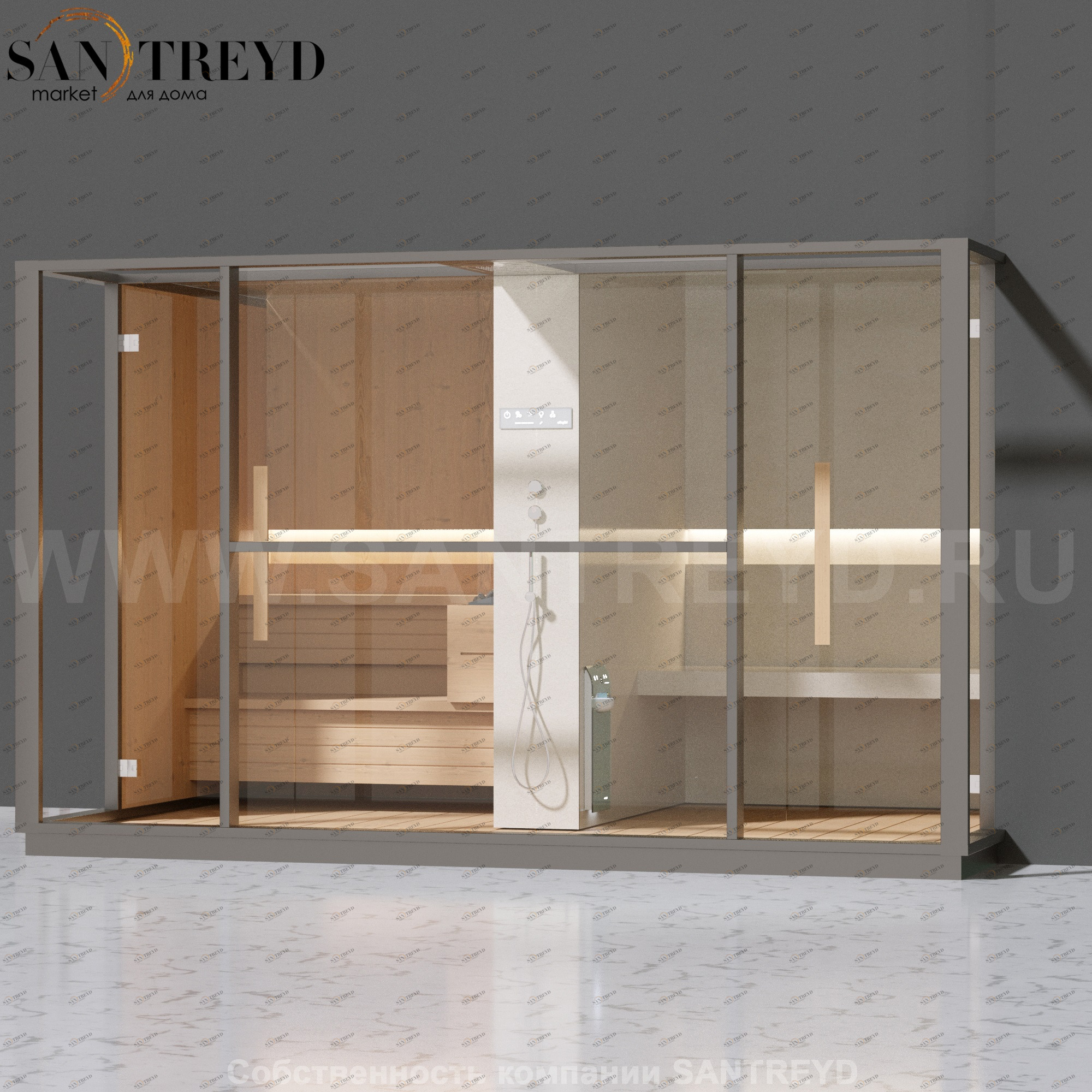 Effegibi LOGICA LO10010011 Комбинированная баня: хаммам и сауна. Установка: в правый  полуугол. Мощность: 10,5 кВт макс. Размеры: длина 373 см, ширина 250 см. Отделка: канадский хемлок, матовый лакированный серый аллюминий и бежевый ламинат из керамограни