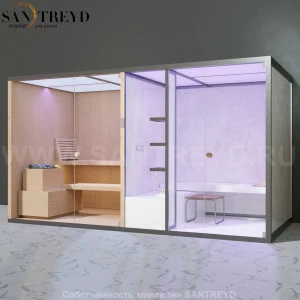 Effegibi BODYLOVE SH BL40110006 Фронтальная комбинированная баня: хаммам и сауна. Установка: к стене. Мощность: 15 кВт макс. Размеры: длина 393 см, ширина 176 см. Отделка: канадский хемлок, светлый керамогранит и гладкий хемлок.