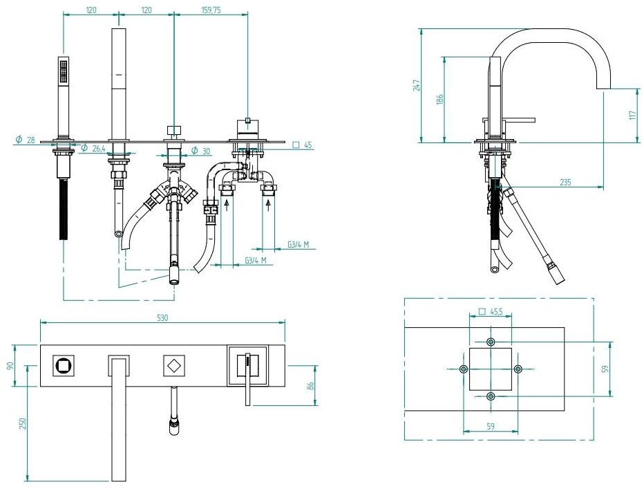 ZAZZERI Комплект для ванны с ручным душем на 4 отверстия Soqquadro sun-id-1439020 - Вид №1