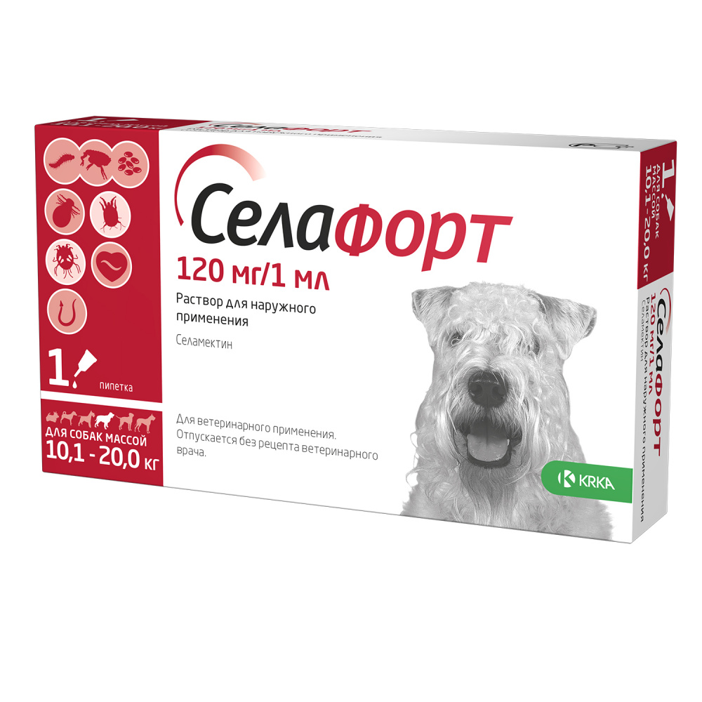 ПР0049138 Р-р для наружного применения для собак Селафорт весом 10,1-20,0 кг, 1 мл (120 мг), шт KRKA 