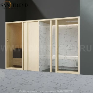 Effegibi YOKU.D SH YO.20110001 Комбинированная баня: хаммам и сауна. Установка: в нишу. Мощность: 10,5 кВт макс. Размеры: длина 342 см, ширина 170 см. Отделка: осина термообработанная и светлый керамогранит