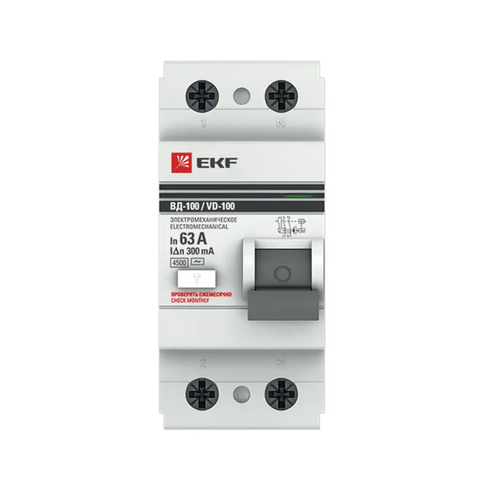 УЗО EKF ВД-100 2P 63 А 300 мА 4.5 кА АС elcb-2-63-300-em-pro STLM-2090503 - Вид №1