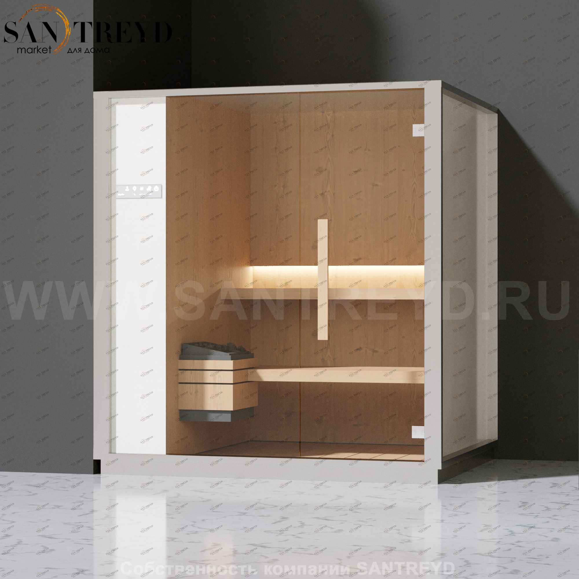 Effegibi ONE S LO50020006 Сауна. Установка: в левый угол. Левая дверь. Мощность: 6 кВт макс. Размеры: длина 214 см, ширина 171 см. Отделка: канадский хемлок, матовый лакированный серый аллюминий и бежевый ламинат из керамогранита.