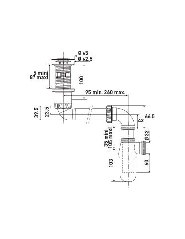 627000 005 00  Полный универсальный набор для умывальника со смещенным сифоном, трубкой и сливом, черный Valentin Чернить  - Вид №2